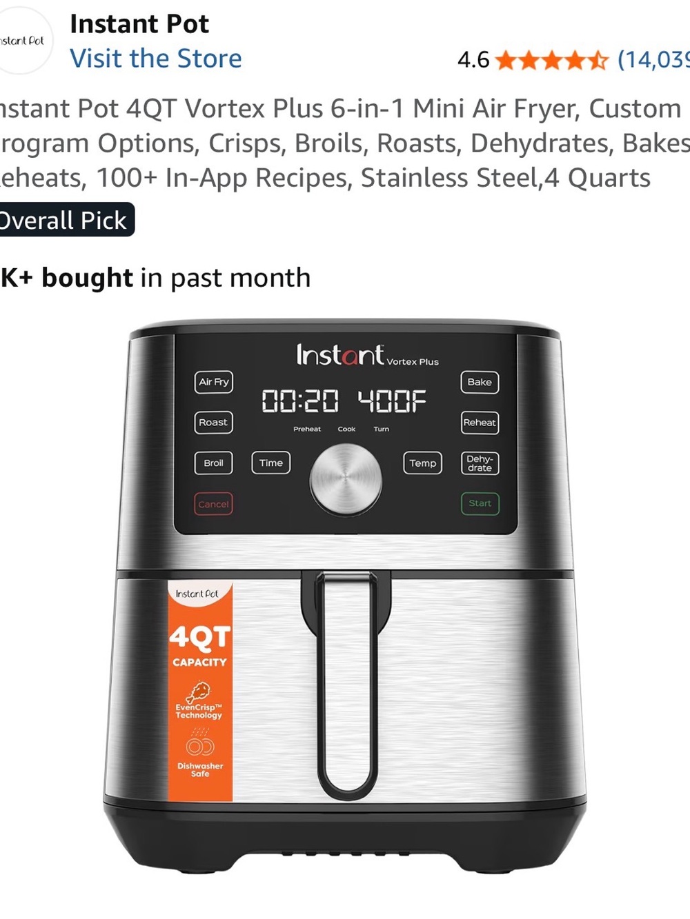 Instant Pot 4QT Vortex Plus Air Fryer - Stainless Steel Finish